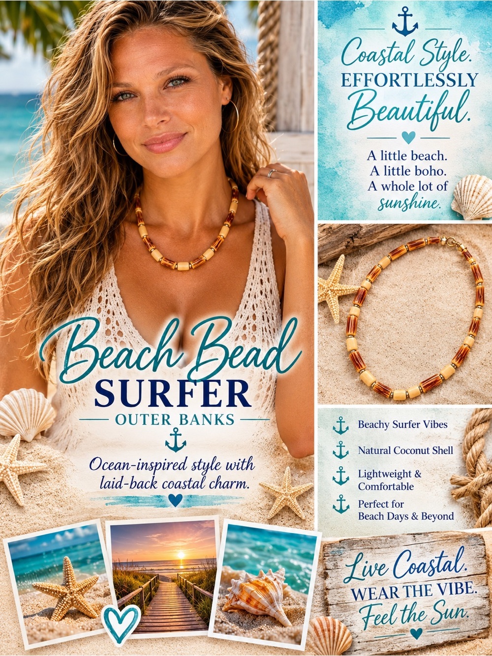 Beach Bead Surfer Outer Banks Coconut Shell Necklace